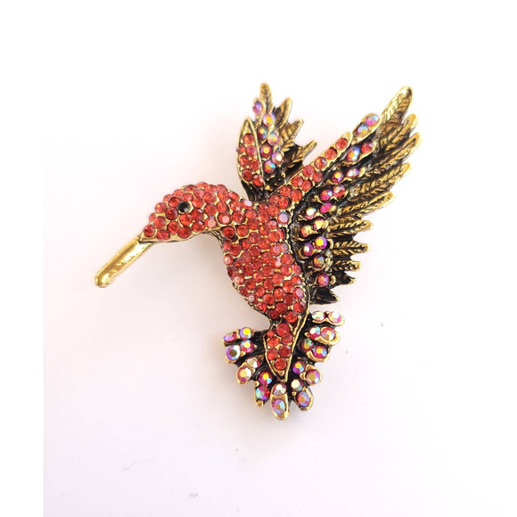 Red Gold Hummingbird Brooch Necklace with loop-back includes long Chain - Picture 1 of 3